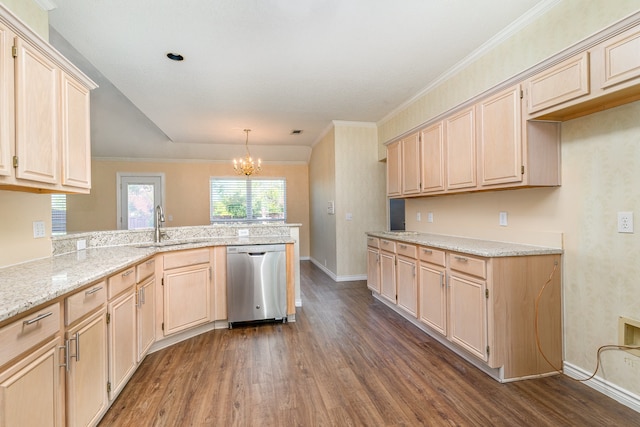 kitchen featuring pendant lighting, dishwasher, a notable chandelier, dark hardwood / wood-style flooring, and kitchen peninsula