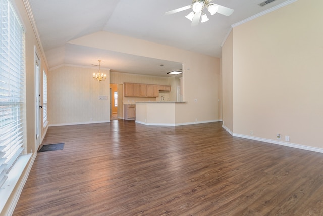 unfurnished living room with ceiling fan with notable chandelier, dark hardwood / wood-style flooring, vaulted ceiling, and crown molding