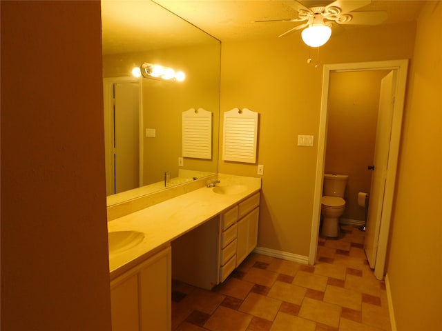 bathroom featuring vanity, toilet, and ceiling fan