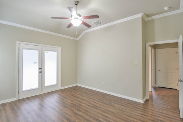 unfurnished room with crown molding, ceiling fan, and dark wood-type flooring