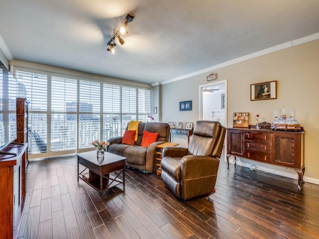 living room with rail lighting, ceiling fan, and crown molding