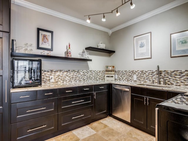 kitchen featuring tasteful backsplash, dishwasher, sink, light stone counters, and crown molding