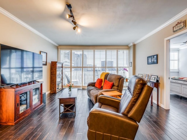 living room featuring crown molding, rail lighting, and dark hardwood / wood-style floors