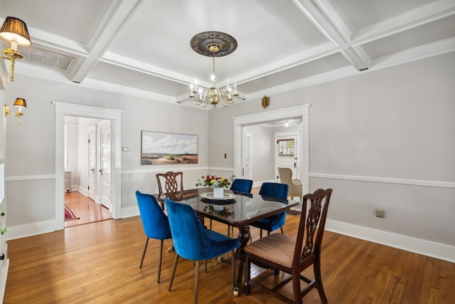 dining room with beam ceiling, hardwood / wood-style flooring, an inviting chandelier, and coffered ceiling