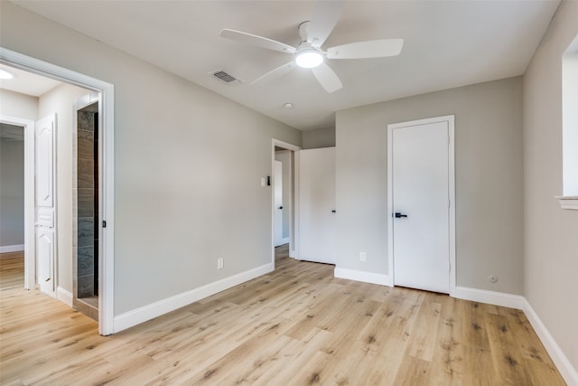 unfurnished bedroom featuring light hardwood / wood-style floors and ceiling fan