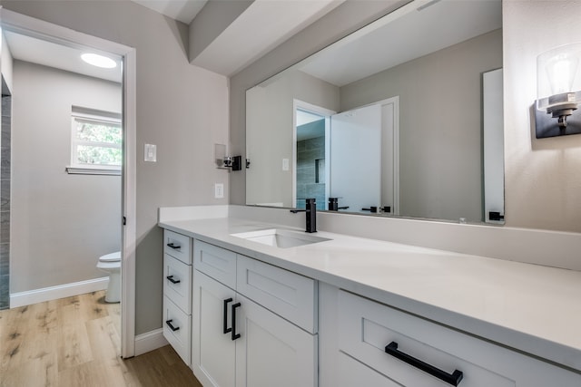 bathroom with hardwood / wood-style floors, vanity, and toilet