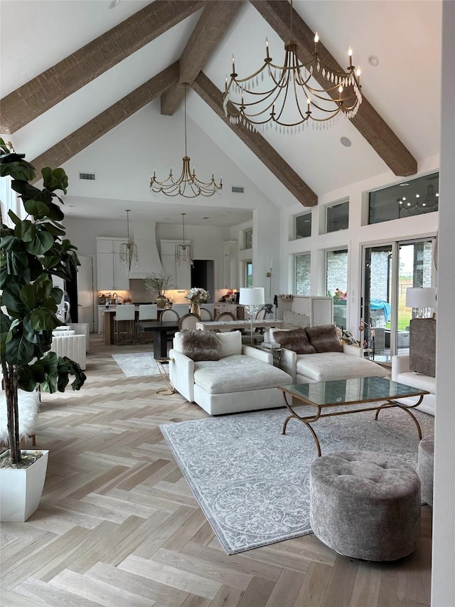 401 Cd Trl, Weatherford, TX 76087 - living area with a chandelier, high vaulted ceiling, and beamed ceiling