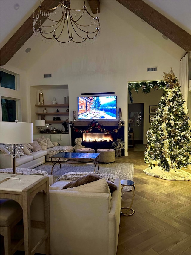 living room with light parquet flooring, beam ceiling, high vaulted ceiling, and a notable chandelier