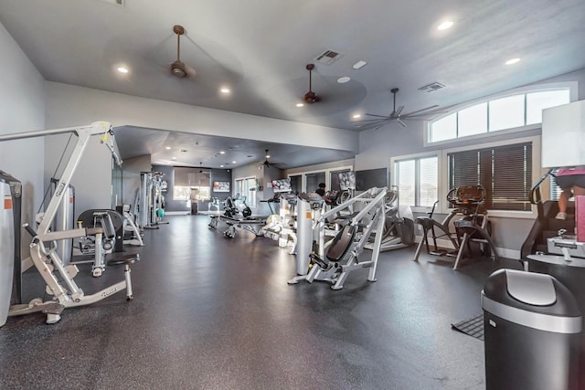 exercise room with ceiling fan