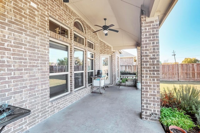 view of patio / terrace with ceiling fan and grilling area