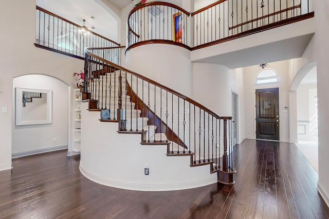 foyer featuring plenty of natural light, dark hardwood / wood-style floors, and a high ceiling