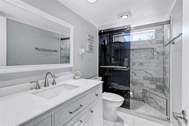 bathroom featuring vanity, toilet, and walk in shower