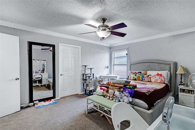 carpeted bedroom with ceiling fan, ornamental molding, and a textured ceiling