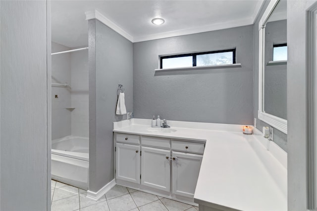 bathroom featuring tile patterned flooring, vanity, crown molding, and shower / bathing tub combination