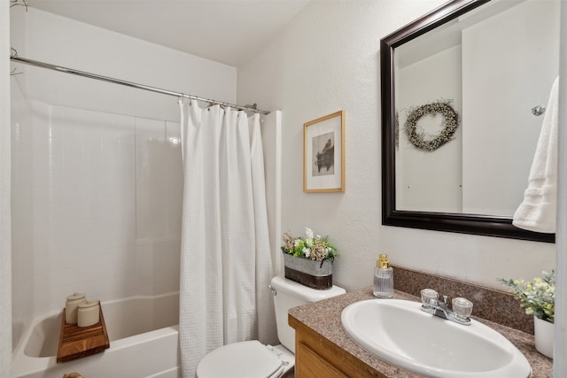 full bathroom with shower / bathtub combination with curtain, vanity, and toilet