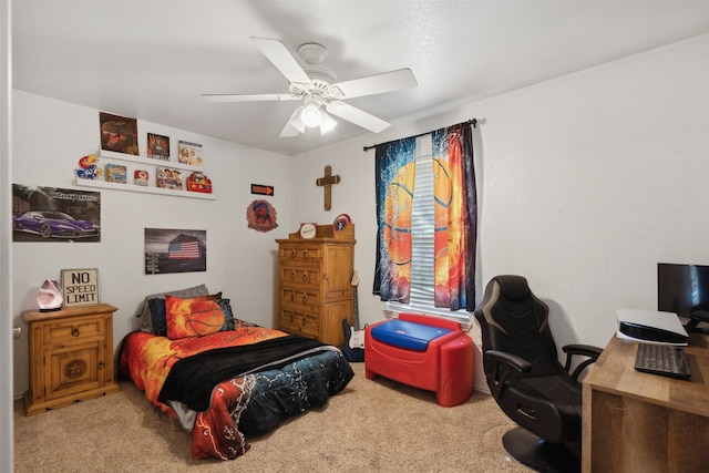 carpeted bedroom with ceiling fan