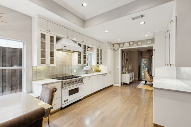 kitchen featuring backsplash, custom exhaust hood, premium range, light wood-type flooring, and white cabinets