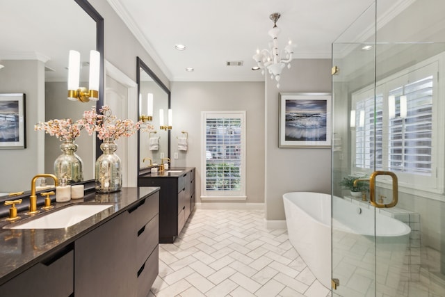 bathroom featuring vanity, a notable chandelier, independent shower and bath, and crown molding