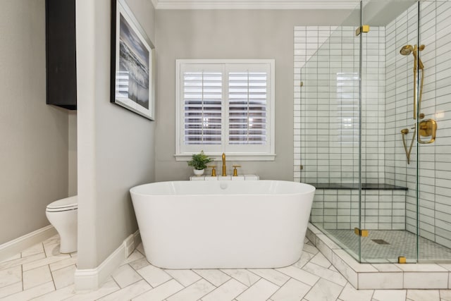 bathroom featuring toilet and plus walk in shower