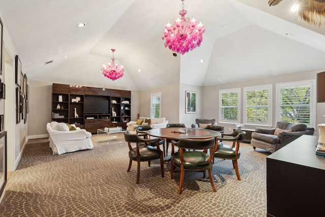 carpeted dining area with lofted ceiling and an inviting chandelier