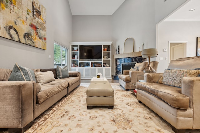 living room with a fireplace