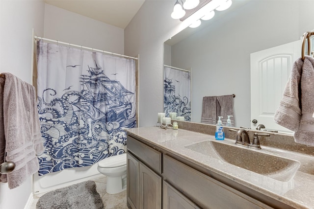 full bathroom with vanity, tile patterned floors, toilet, and shower / tub combo with curtain