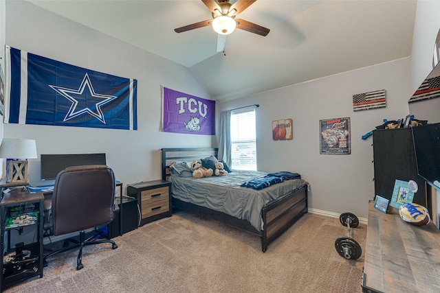 carpeted bedroom with lofted ceiling and ceiling fan