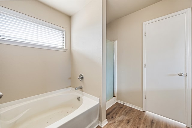 bathroom featuring wood-type flooring and separate shower and tub