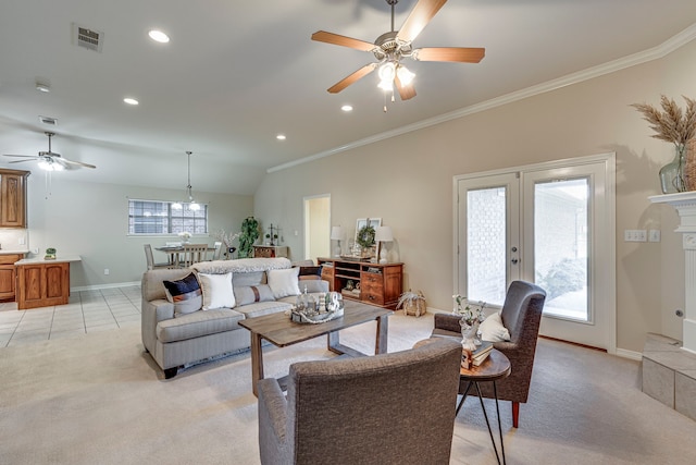 living room featuring ceiling fan, french doors, crown molding, lofted ceiling, and light carpet