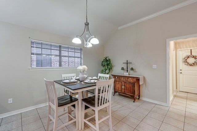 tiled dining area with crown molding, a chandelier, and lofted ceiling