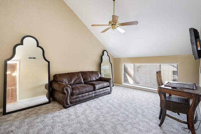 living room with ceiling fan, carpet floors, and high vaulted ceiling