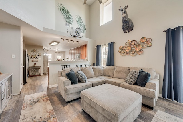 living room with hardwood / wood-style floors, a towering ceiling, and rail lighting