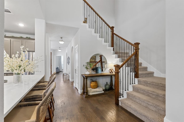 entryway featuring a towering ceiling and dark wood-type flooring