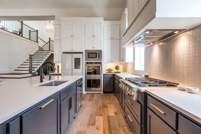 kitchen with decorative backsplash, appliances with stainless steel finishes, sink, white cabinets, and light hardwood / wood-style floors