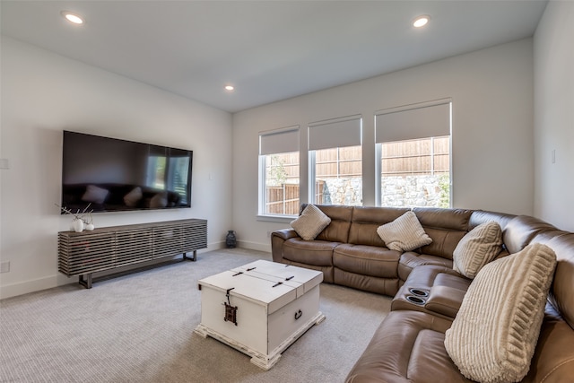 living room with light colored carpet