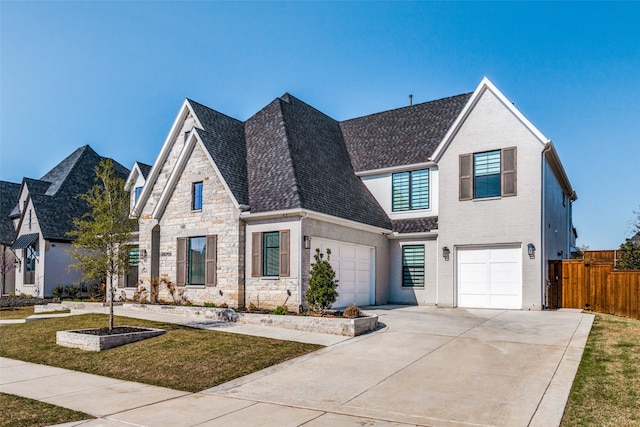 view of front of property with a garage and a front lawn