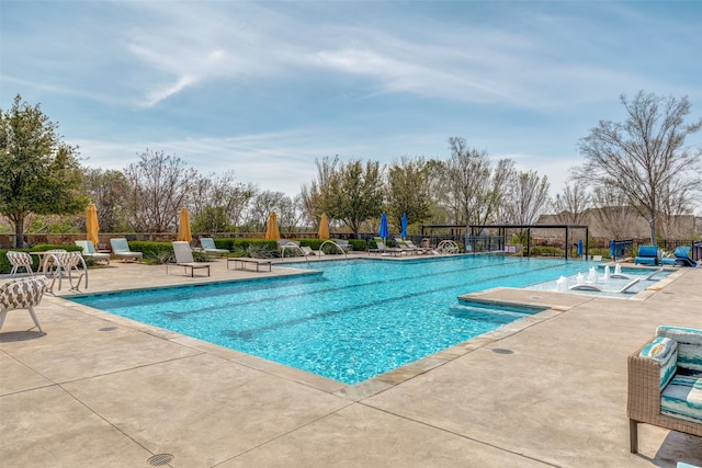 view of pool with pool water feature and a patio area