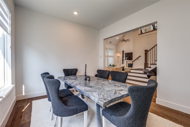 dining room with ceiling fan and wood-type flooring