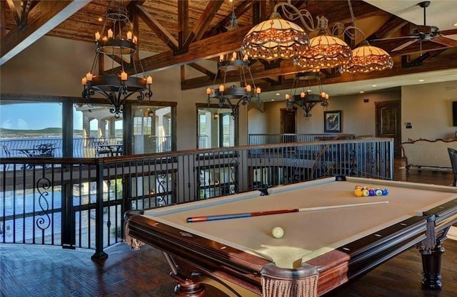 rec room featuring pool table, ceiling fan with notable chandelier, high vaulted ceiling, and beamed ceiling