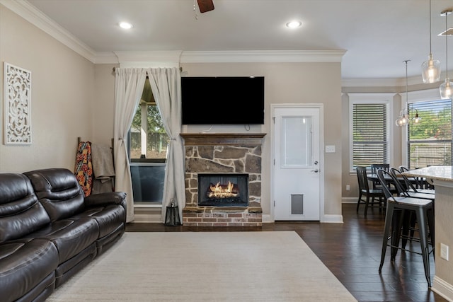 living room featuring crown molding, plenty of natural light, dark wood-type flooring, and a fireplace