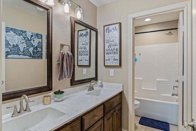 full bathroom featuring vanity, toilet, shower / bath combination, and tile patterned flooring