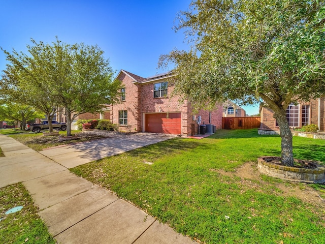 view of front of property featuring central AC unit, a garage, and a front lawn