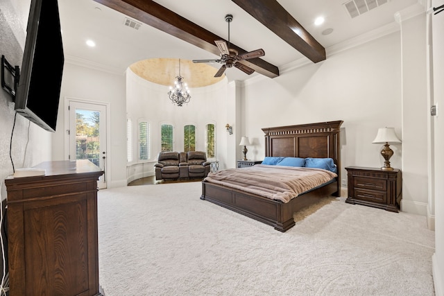 carpeted bedroom with beamed ceiling, ceiling fan with notable chandelier, access to outside, and ornamental molding