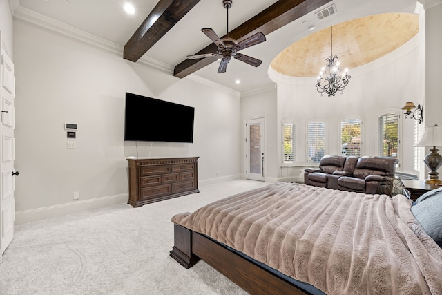 carpeted bedroom with beamed ceiling, a notable chandelier, and ornamental molding