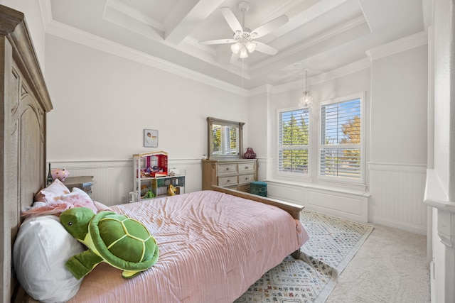 bedroom featuring crown molding, beamed ceiling, ceiling fan, and light colored carpet