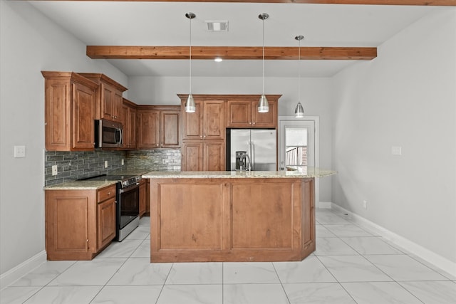 kitchen featuring light stone countertops, appliances with stainless steel finishes, a center island, and decorative light fixtures