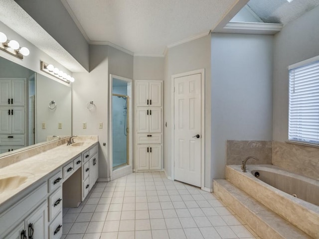 bathroom with vanity, separate shower and tub, tile patterned floors, and crown molding