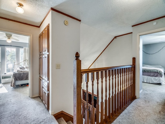 hall featuring a textured ceiling, carpet floors, and ornamental molding