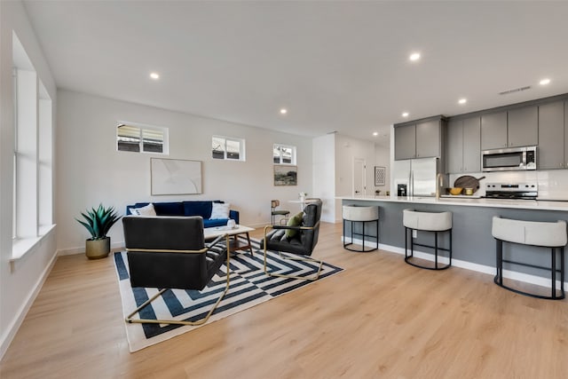 living room featuring sink and light wood-type flooring