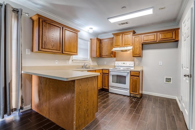 kitchen with white range with electric stovetop, kitchen peninsula, crown molding, and dark wood-type flooring